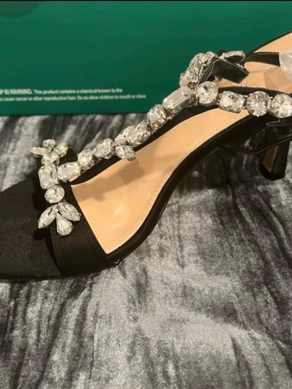 Embellished Black Satin Mid-Heel Sandals